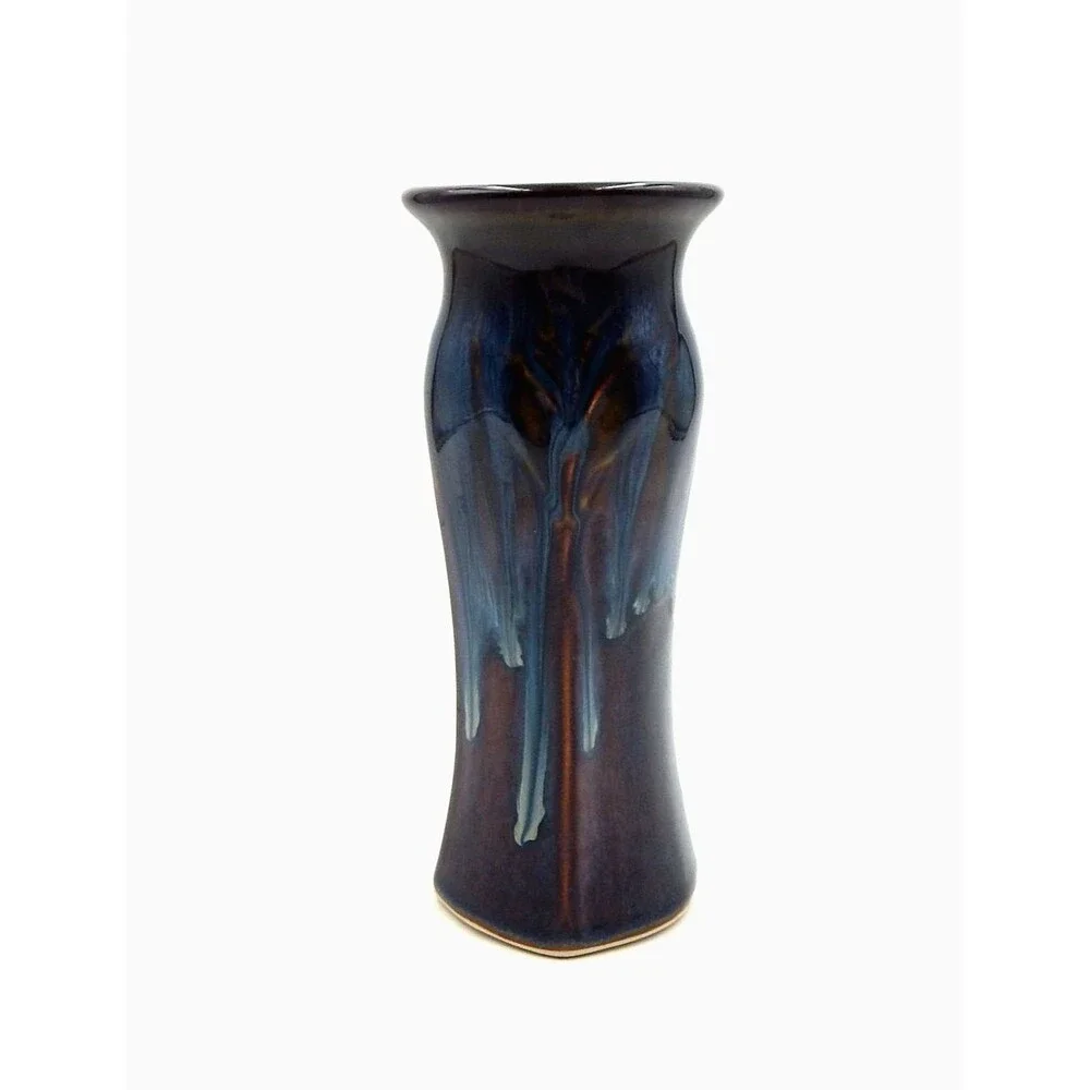 Bill Campbell Studio Art Pottery Lotus Vase Drip Glaze 7” Signed Blues Browns